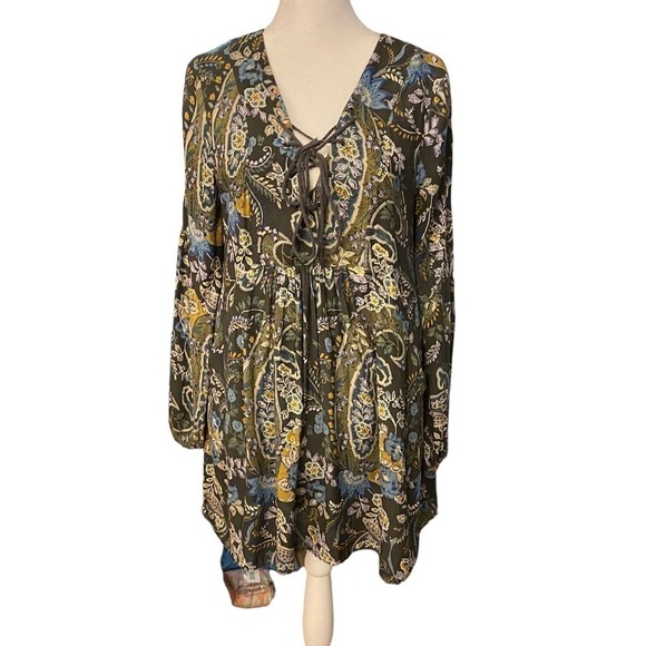 Free People Womens Rain or Shine Crochet Trim Boho Dress Paisley Print Green XS - Picture 2 of 10